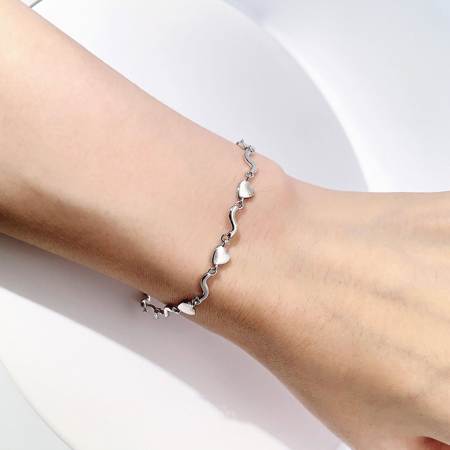 Warm Fortune Heart and Wave Link Bracelet for Women, Silver-Tone 5 Inch Adjustable Chain, Romantic Everyday Jewelry