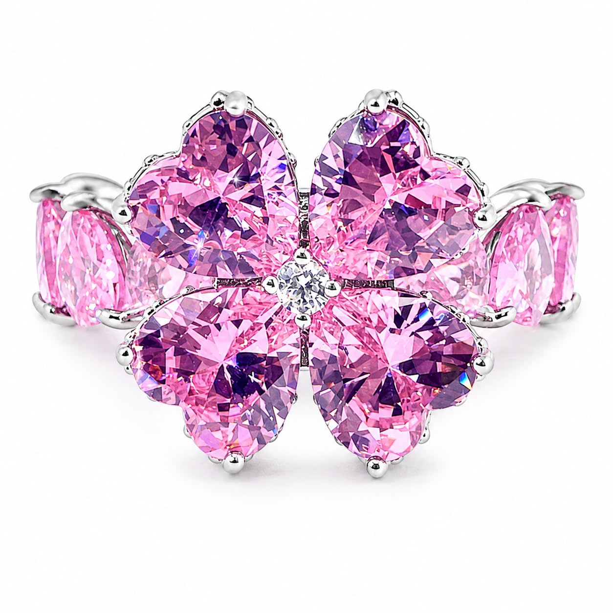 Warm Fortune Floral Clover Fashion Ring for Women, 18K White Gold Plated Heart Shape Multi-Stone Formal Party Accessory, Size 6-9