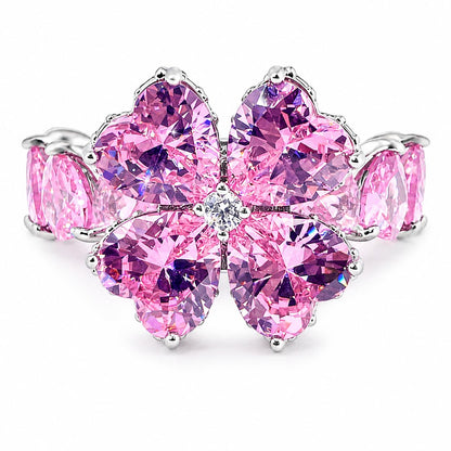 Warm Fortune Floral Clover Fashion Ring for Women, 18K White Gold Plated Heart Shape Multi-Stone Formal Party Accessory, Size 6-9