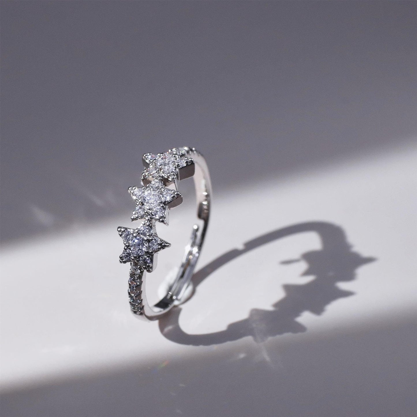 Warm Fortune Three Star Full Paved Promise Ring for Her - 18K Gold Plated Cubic Zirconia, Stackable Gift Valentine's Day, Fashion & Daily Elegant Wear,Adjustable