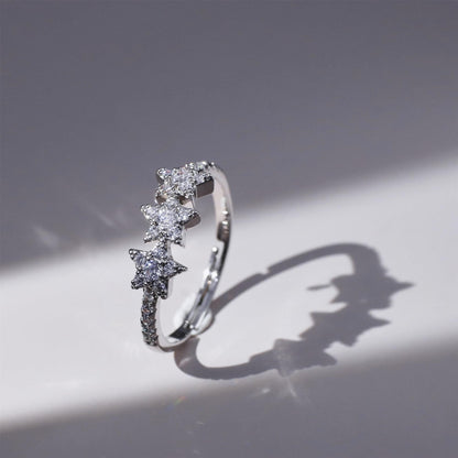 Warm Fortune Three Star Full Paved Promise Ring for Her - 18K Gold Plated Cubic Zirconia, Stackable Gift Valentine's Day, Fashion & Daily Elegant Wear,Adjustable