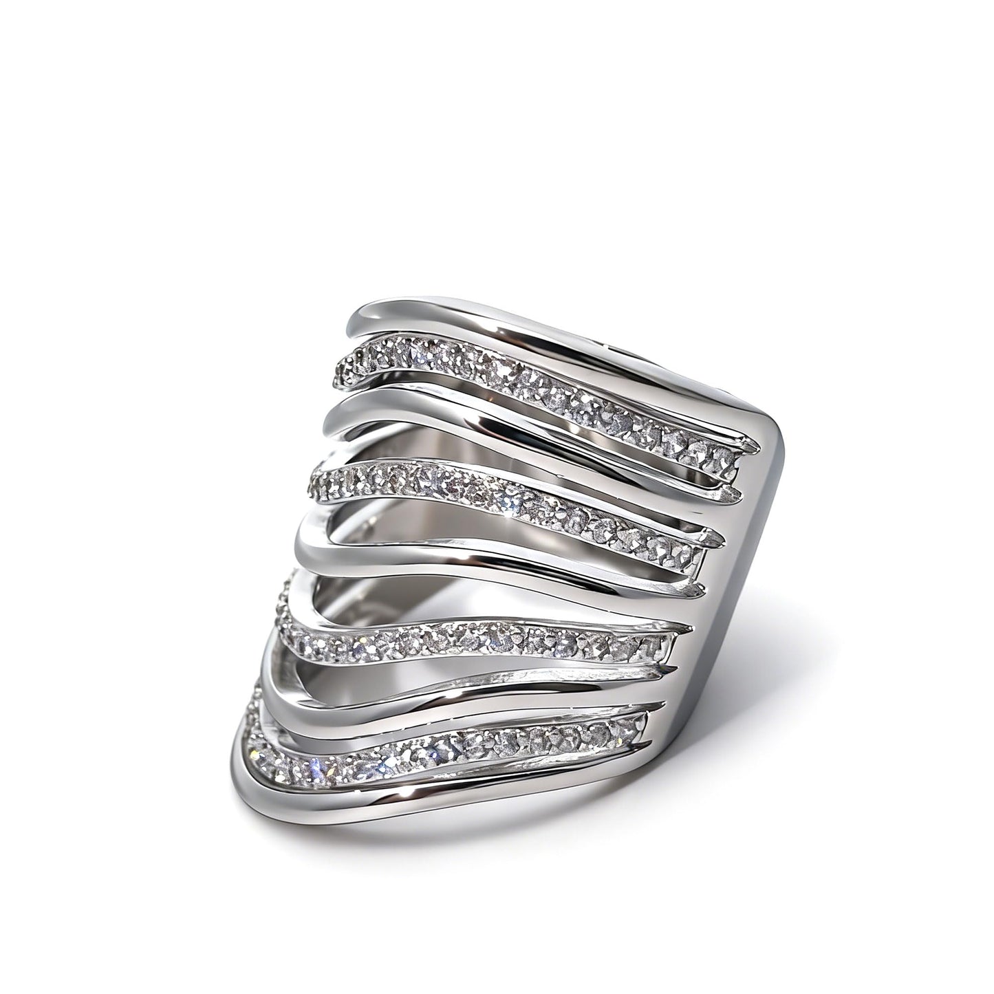 Warm Fortune Multi Row Wavy CZ Statement Ring for Women, 18K Gold Plated Layered Band, Trendy Wide Stackable Cocktail Jewelry，Size 6-8