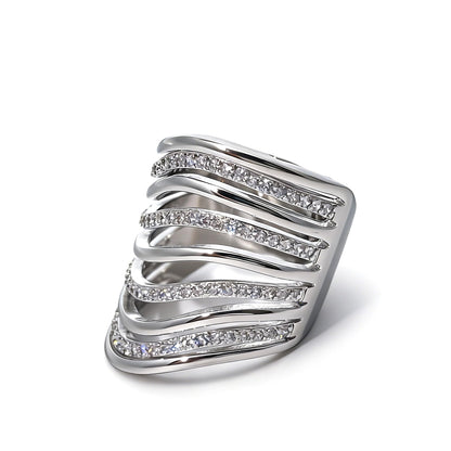 Warm Fortune Multi Row Wavy CZ Statement Ring for Women, 18K Gold Plated Layered Band, Trendy Wide Stackable Cocktail Jewelry，Size 6-8