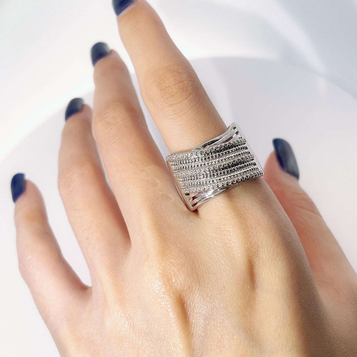 Warm Fortune Multi-Row CZ Wide Band Ring, 18K Gold Plated Statement Ring, Stackable Cocktail Ring for Women,Size 8