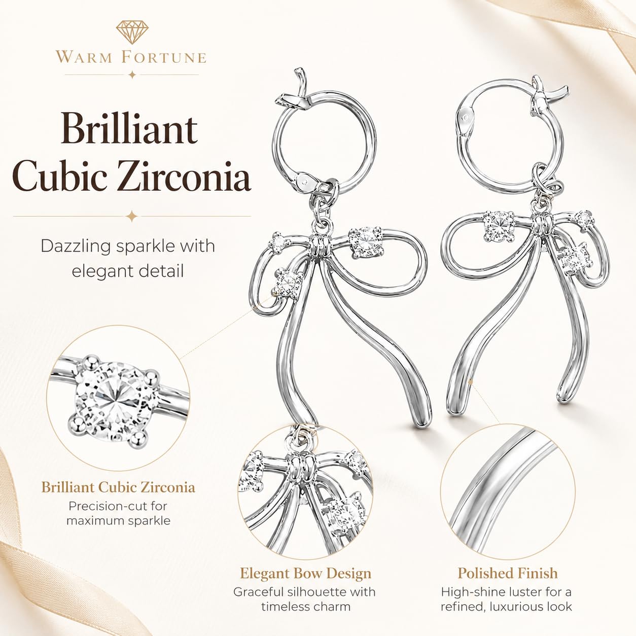 Warm Fortune Hypoallergenic CZ Bow Hoop Earrings, 18K White Gold Plated