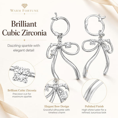 Warm Fortune Hypoallergenic CZ Bow Hoop Earrings, 18K White Gold Plated