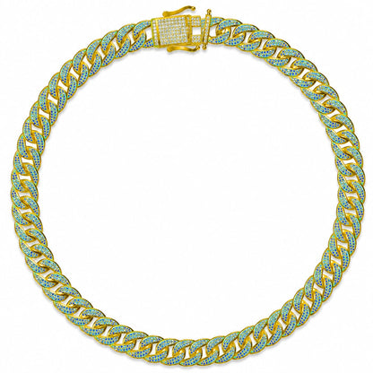 Warm Fortune Green Accent Cuban Link Chain Necklace for Women, White Gold Plated, Green and Clear CZ, 24 Inch Chain, Two-Tone Link Design