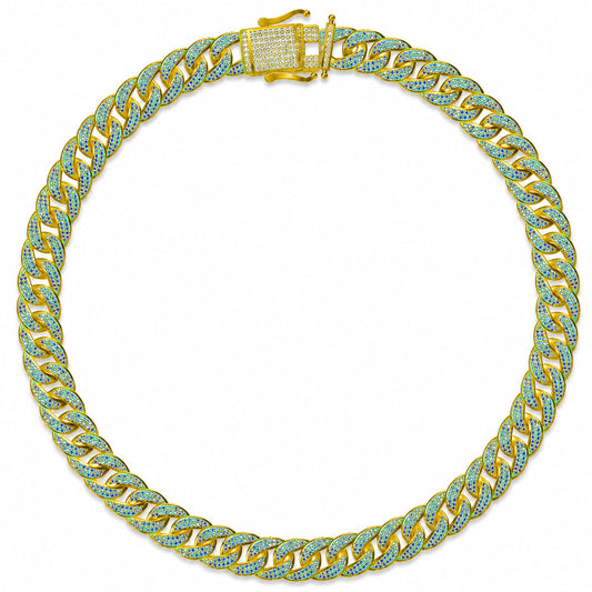 Warm Fortune Green Accent Cuban Link Chain Necklace for Women, White Gold Plated, Green and Clear CZ, 24 Inch Chain, Two-Tone Link Design