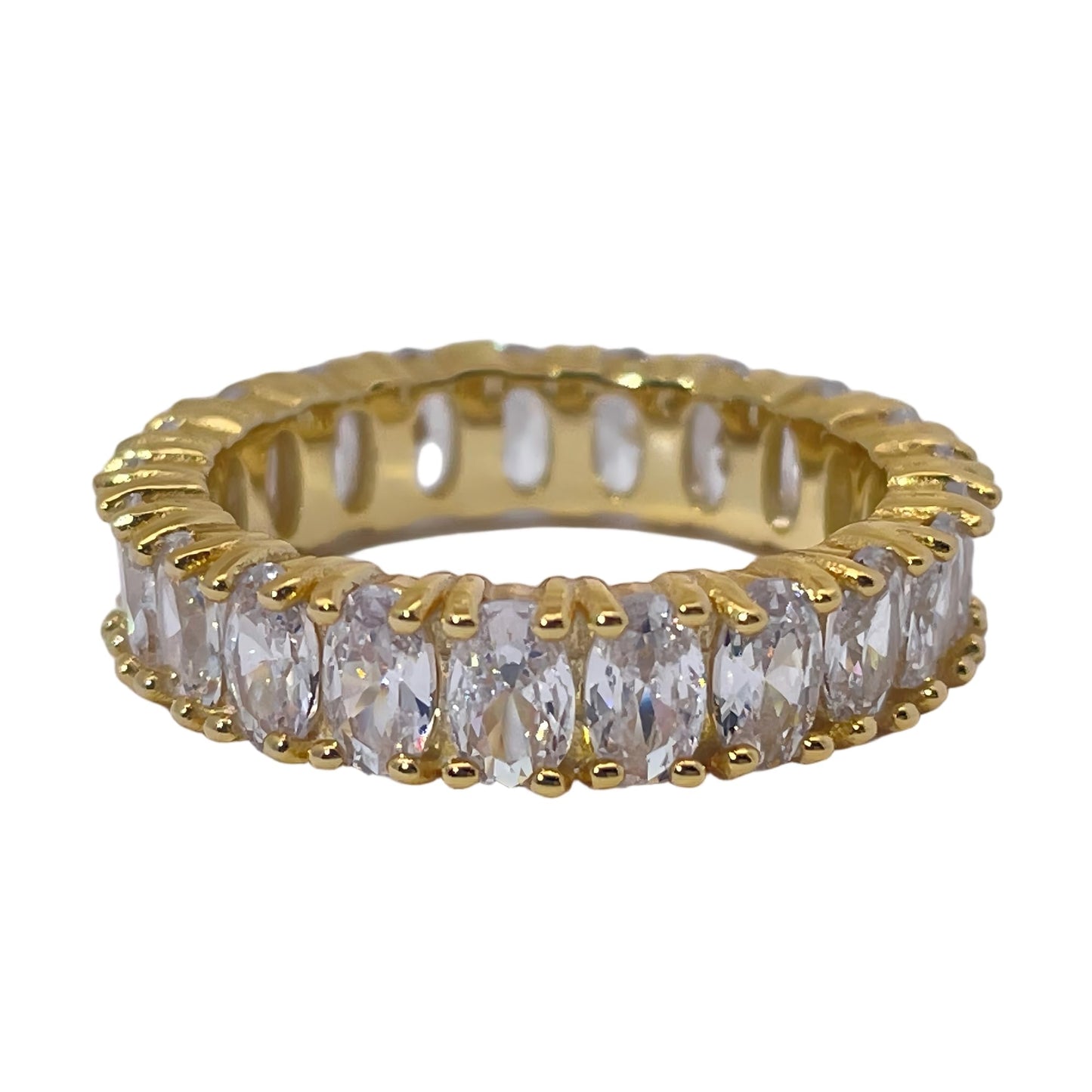 Warm Fortune 925 Sterling Silver Eternity Wedding Band for Women,18K Gold Plated Oval Cut All-Around Cubic Zirconia, Anniversary & Promise Ring, Stackable Band, Size 5-9