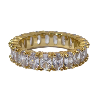 Warm Fortune 925 Sterling Silver Eternity Wedding Band for Women,18K Gold Plated Oval Cut All-Around Cubic Zirconia, Anniversary & Promise Ring, Stackable Band, Size 5-9