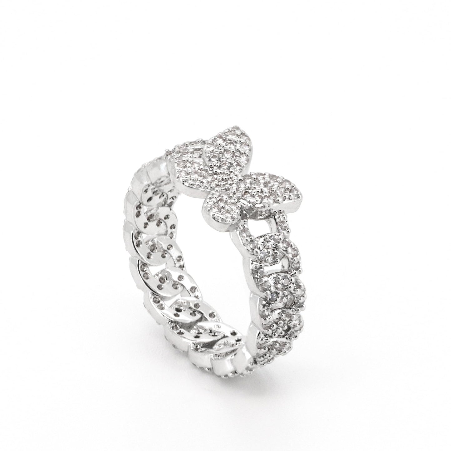 Warm Fortune 18K Gold Plated Butterfly Cuban Link Ring, Sparkling CZ Statement Ring for Women, Dainty Stackable Fashion Jewelry, Size 6-9