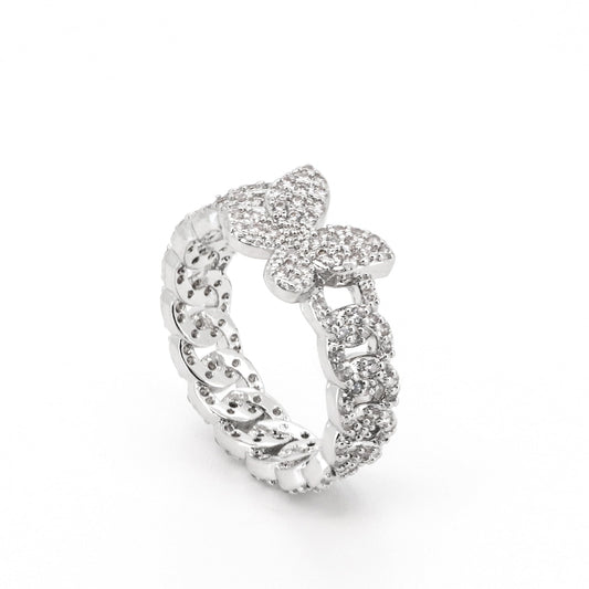 Warm Fortune 18K Gold Plated Butterfly Cuban Link Ring, Sparkling CZ Statement Ring for Women, Dainty Stackable Fashion Jewelry, Size 6-9