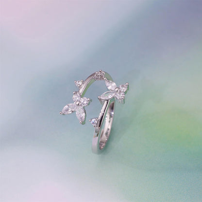 Warm Fortune Double-Layer Butterfly Promise Ring for Her - 18K Gold Plated Cubic Zirconia, Stackable Gift Valentine's Day, Fashion & Daily Elegant Wear,Adjustable