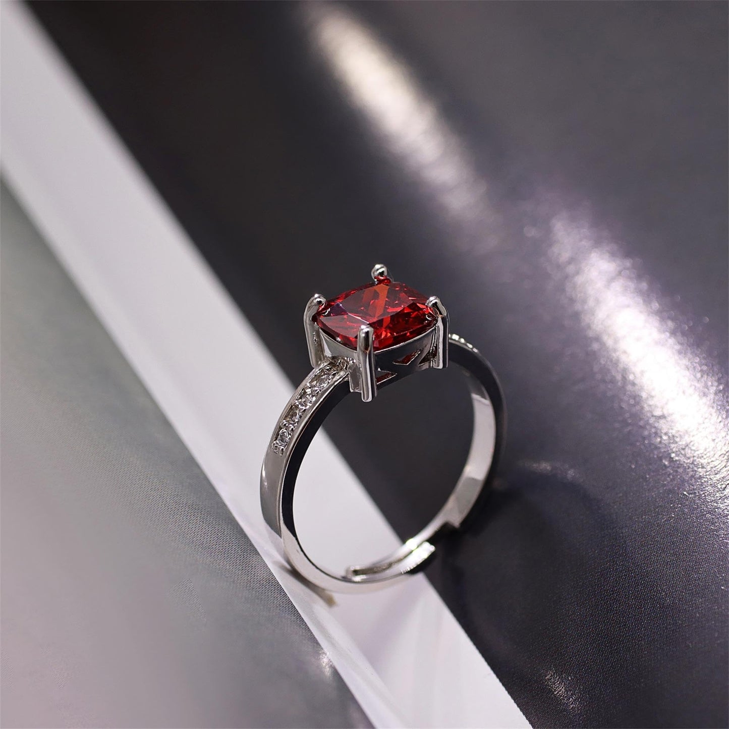 Warm Fortune Cushion Cut Red Amethyst Engagement Ring for Women - 18K Silver Plated Cubic Zirconia, Proposal & Birthday Gift Jewelry, Size 8