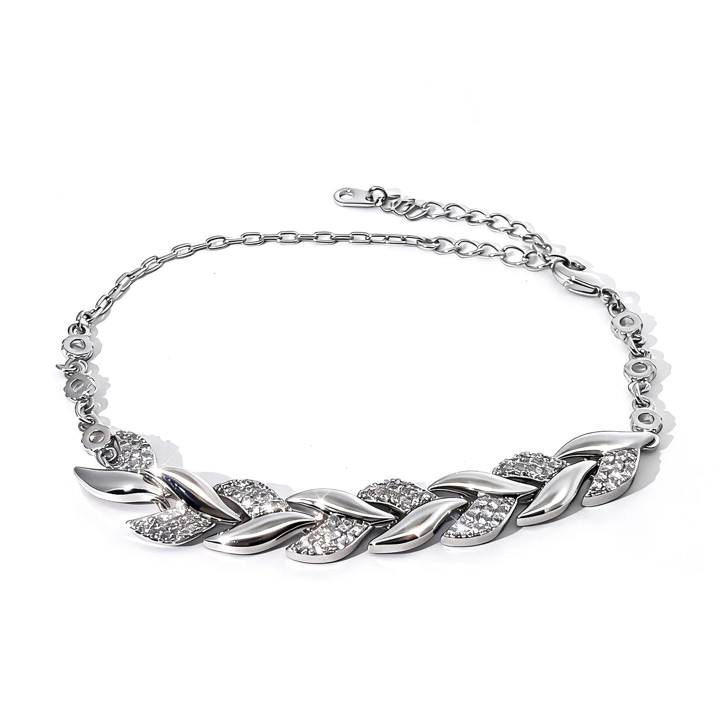 Warm Fortune Twisted Leaf Link Bracelet for Women, Silver-Tone 7 Inch Adjustable Chain with Sparkling Pave Accents