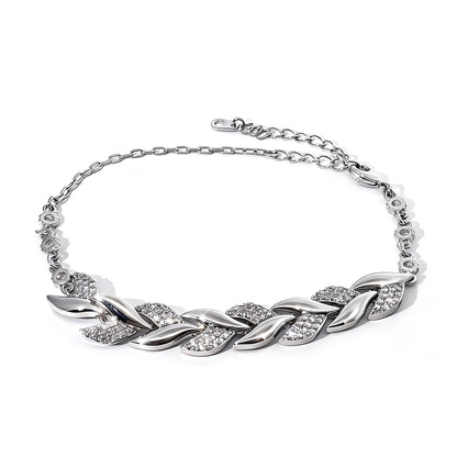 Warm Fortune Twisted Leaf Link Bracelet for Women, Silver-Tone 7 Inch Adjustable Chain with Sparkling Pave Accents