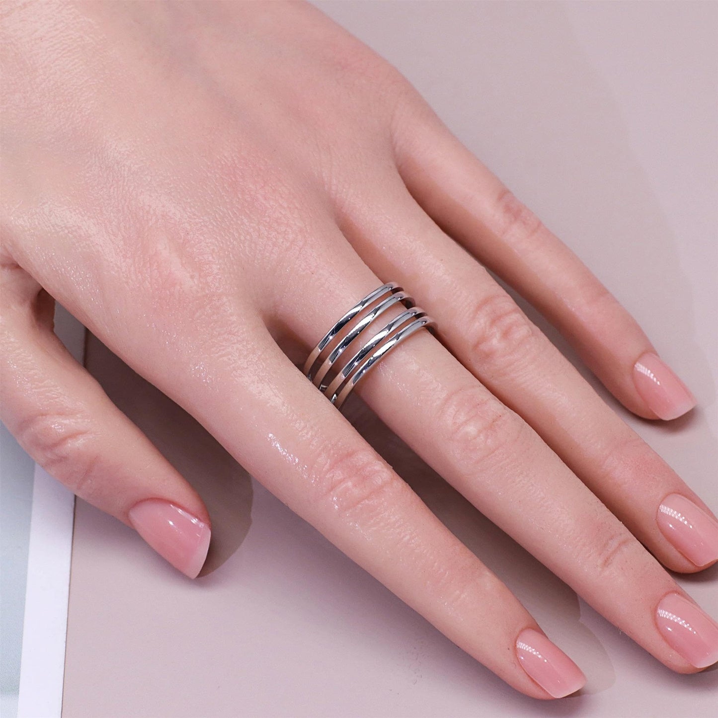 Warm Fortune Four-Layer Wrap Open Band Ring for Women - 18K Silver Plated Minimalist Stackable Ring, Daily Casual Jewelry Gift, Adjustable
