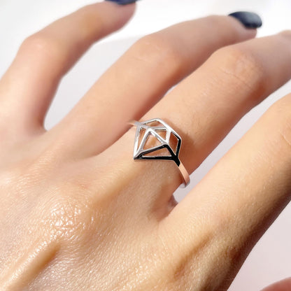 Warm Fortune Geometric Diamond-Shaped Statement Ring for Women, 18K Gold Plated Openwork Hollow Band, Dainty Fashion Cocktail Jewelry