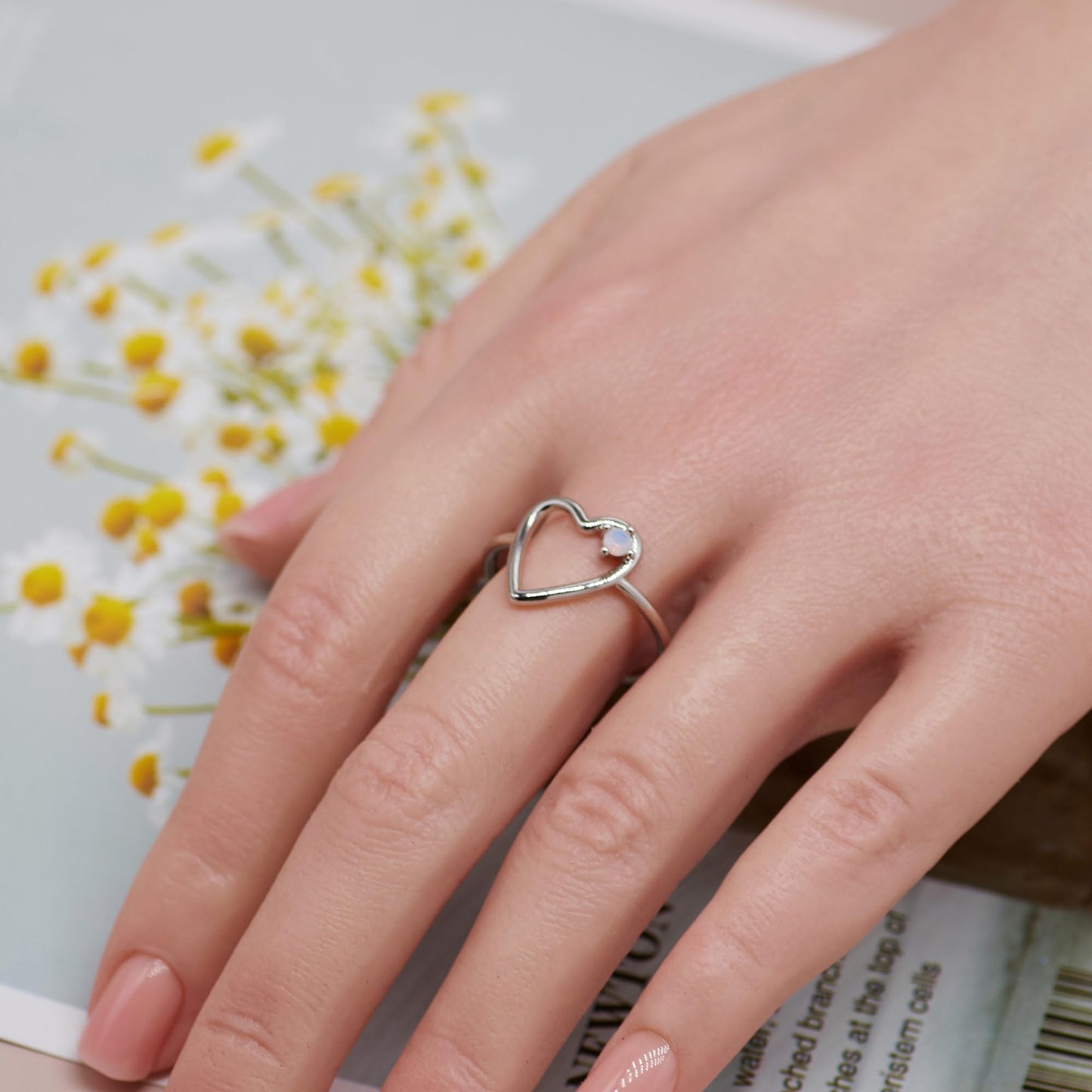 Warm Fortune Open Adjustable Band Ring for Women,18K Gold Plated Hollow Heart Opal Inlay Stackable Promise Daily Jewelry Gift