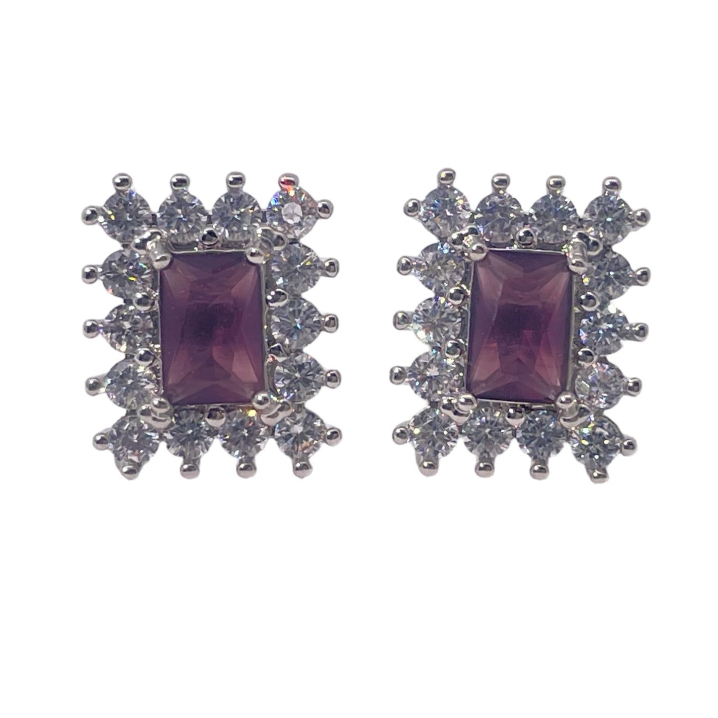 Warm Fortune Rectangle Gemstone Halo Stud Earrings for Women, 2 Colors (Pink/Deep Purple) with Cubic Zirconia Accents, Silver Tone Fashion Jewelry for Elegant Daily & Event Wear