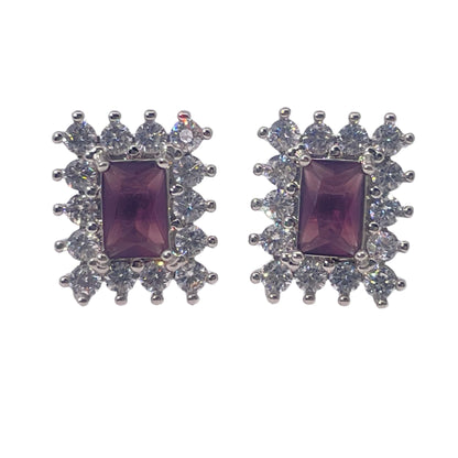 Warm Fortune Rectangle Gemstone Halo Stud Earrings for Women, 2 Colors (Pink/Deep Purple) with Cubic Zirconia Accents, Silver Tone Fashion Jewelry for Elegant Daily & Event Wear