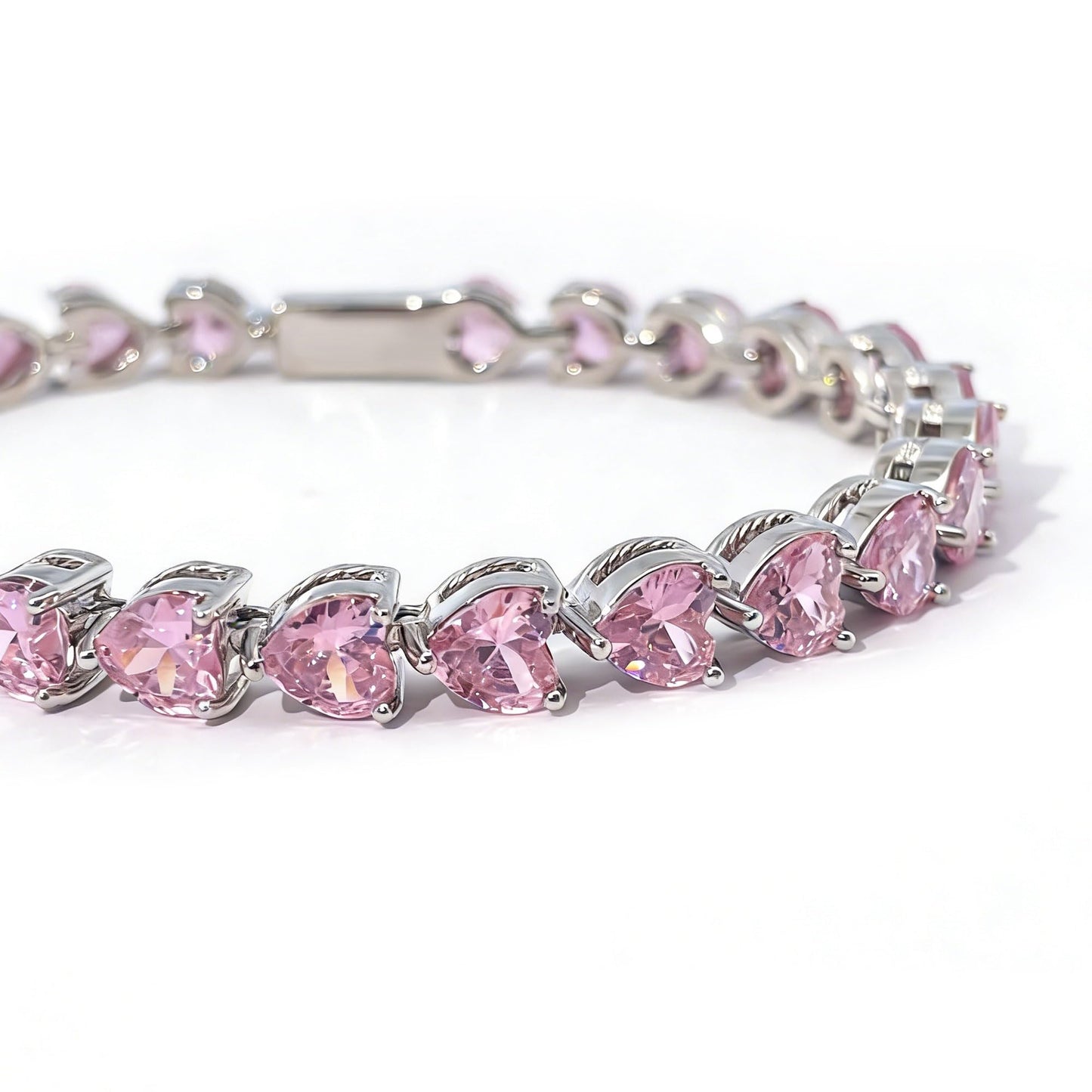 Warm Fortune Pink Heart Stone Tennis Bracelet for Women, Silver-Tone 7 Inch Link Chain, Romantic Sparkling Jewelry