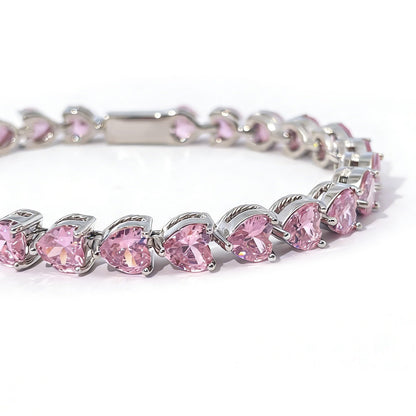 Warm Fortune Pink Heart Stone Tennis Bracelet for Women, Silver-Tone 7 Inch Link Chain, Romantic Sparkling Jewelry