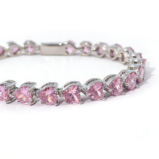 Warm Fortune Pink Heart Stone Tennis Bracelet for Women, Silver-Tone 7 Inch Link Chain, Romantic Sparkling Jewelry