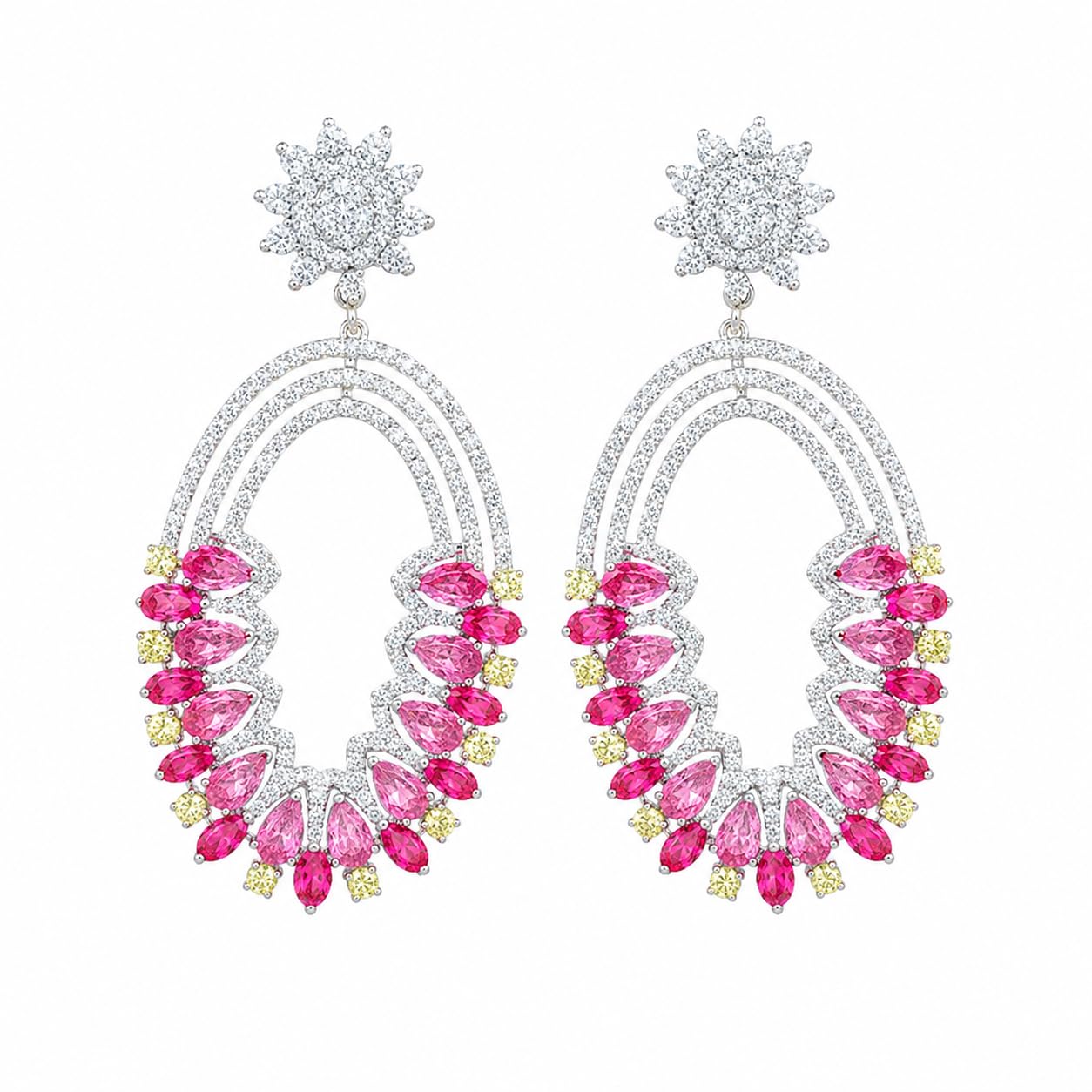 Warm Fortune 18K White Gold Plated Multicolor CZ Oval Dangle Earrings