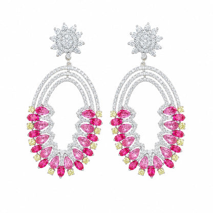 Warm Fortune 18K White Gold Plated Multicolor CZ Oval Dangle Earrings
