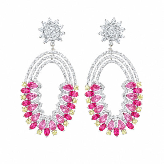 Warm Fortune 18K White Gold Plated Multicolor CZ Oval Dangle Earrings
