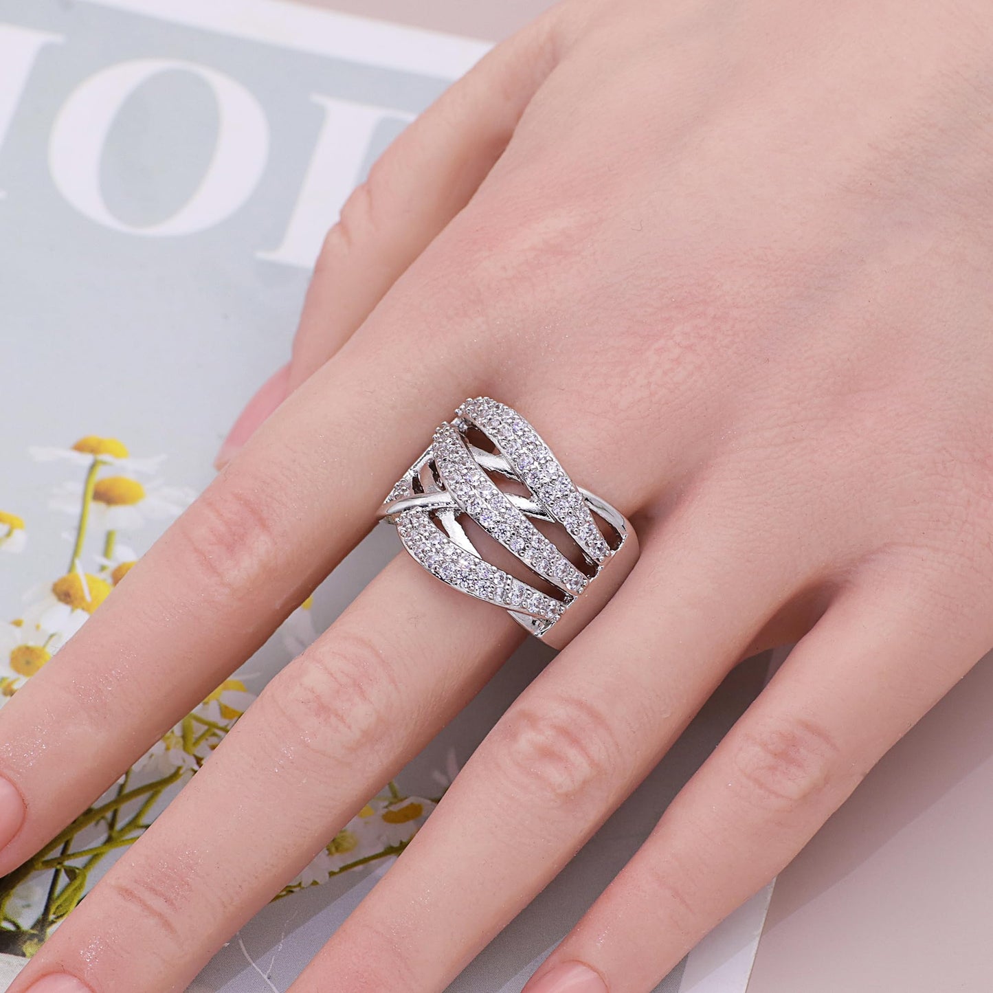 Warm Fortune Multi-Layer Pavé Promise Ring for Her - 18K Gold Plated Cubic Zirconia, Stackable Gift Valentine's Day, Fashion & Daily Elegant Wear,Size 9-10.5