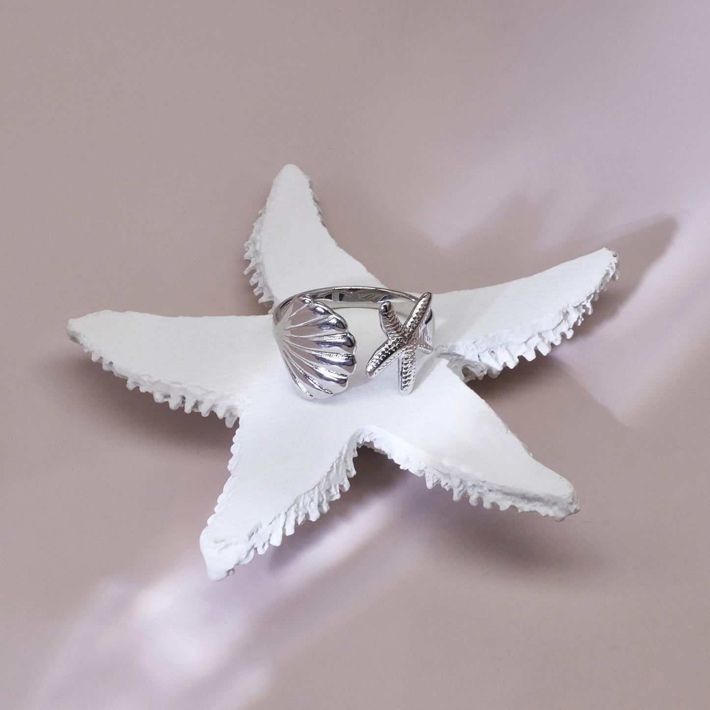 Warm Fortune 18K Gold Plated Starfish & Shell Open Ring, Adjustable Ocean Themed Statement Ring for Women