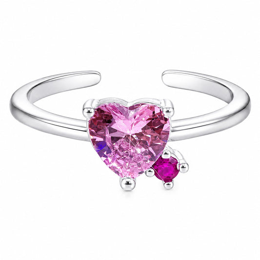 Warm Fortune Dual‑Heart CZ Open Ring for Women, 18K White Gold Plated Heart‑Shaped Cubic Zirconia Statement Band, Dainty Elegant Jewelry