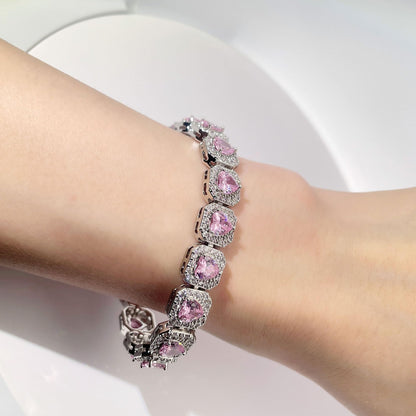 Warm Fortune Cushion Halo Tennis Bracelet for Women, White Gold Plated, Pink CZ, 7 Inch, Halo Link Design