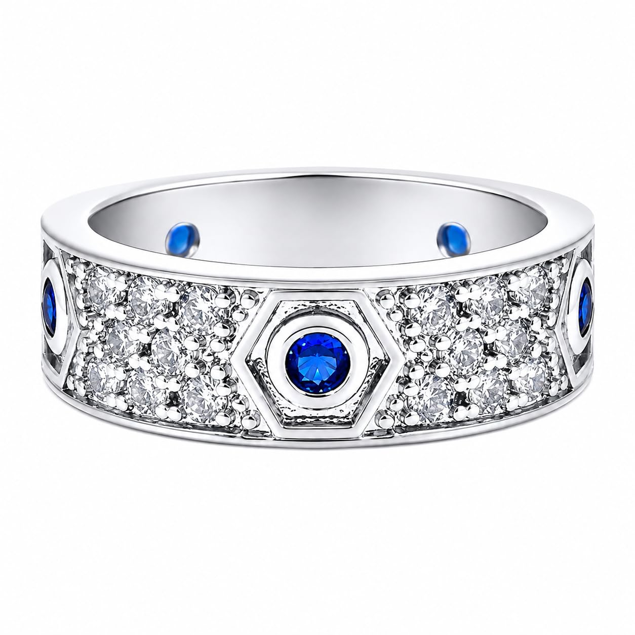 Warm Fortune 18K Gold Plated Hexagon Blue Cubic Zirconia Wide Band Ring, Micro Pave Clear Zircon Full Statement Band Jewelry for Women