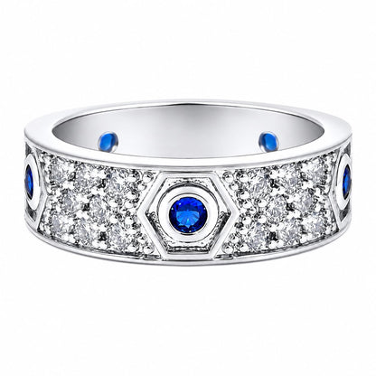 Warm Fortune 18K Gold Plated Hexagon Blue Cubic Zirconia Wide Band Ring, Micro Pave Clear Zircon Full Statement Band Jewelry for Women