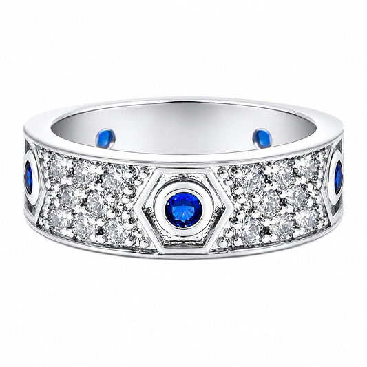 Warm Fortune 18K Gold Plated Hexagon Blue Cubic Zirconia Wide Band Ring, Micro Pave Clear Zircon Full Statement Band Jewelry for Women