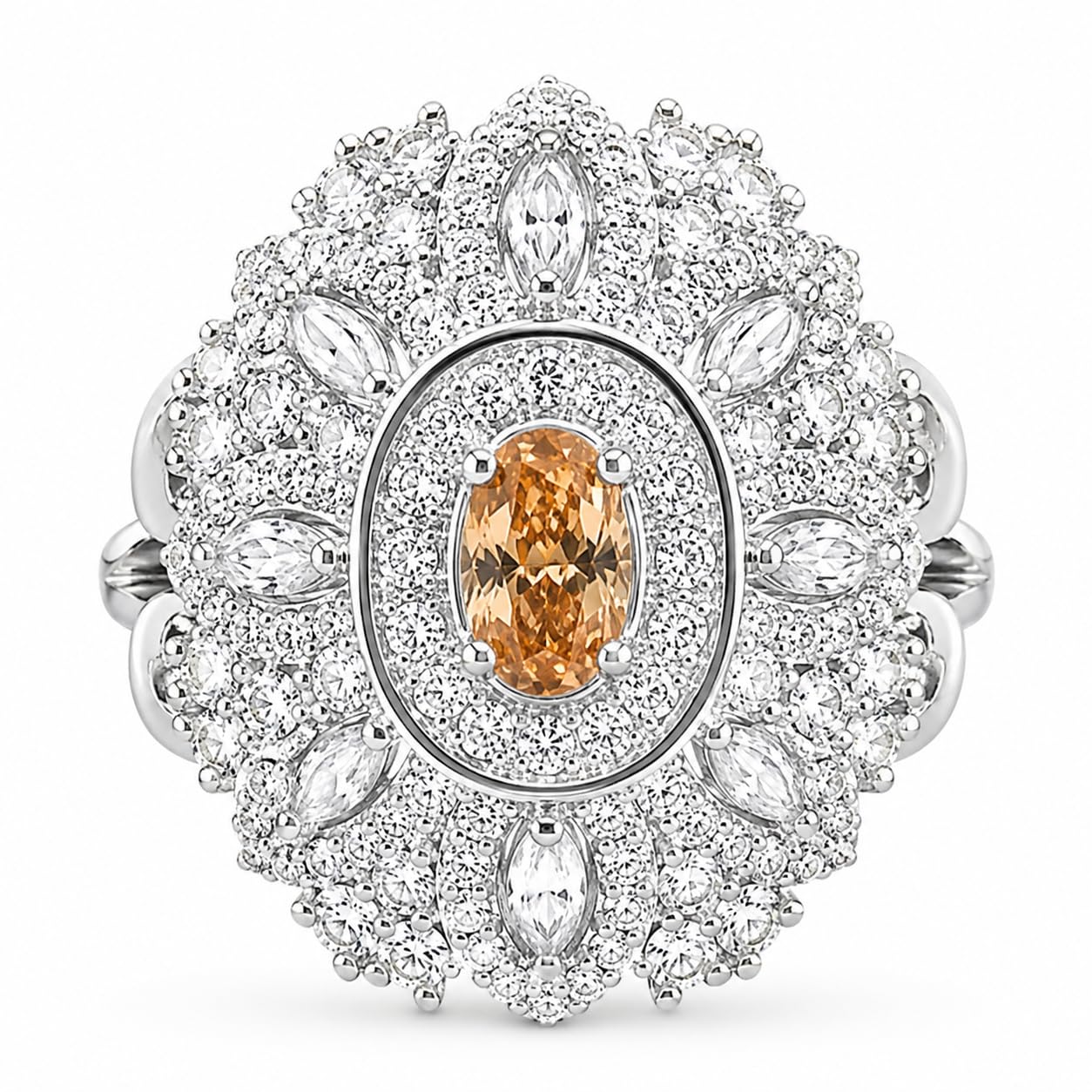Warm Fortune Oval‑Center Halo Floral CZ Ring for Women, 18K White Gold Plated Multi‑Layer Cluster Cubic Zirconia Statement Band, Dainty Elegant Jewelry, Size 7-8.5