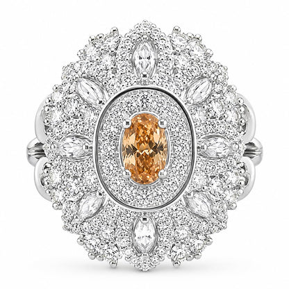 Warm Fortune Oval‑Center Halo Floral CZ Ring for Women, 18K White Gold Plated Multi‑Layer Cluster Cubic Zirconia Statement Band, Dainty Elegant Jewelry, Size 7-8.5