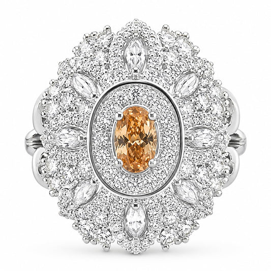 Warm Fortune Oval‑Center Halo Floral CZ Ring for Women, 18K White Gold Plated Multi‑Layer Cluster Cubic Zirconia Statement Band, Dainty Elegant Jewelry, Size 7-8.5