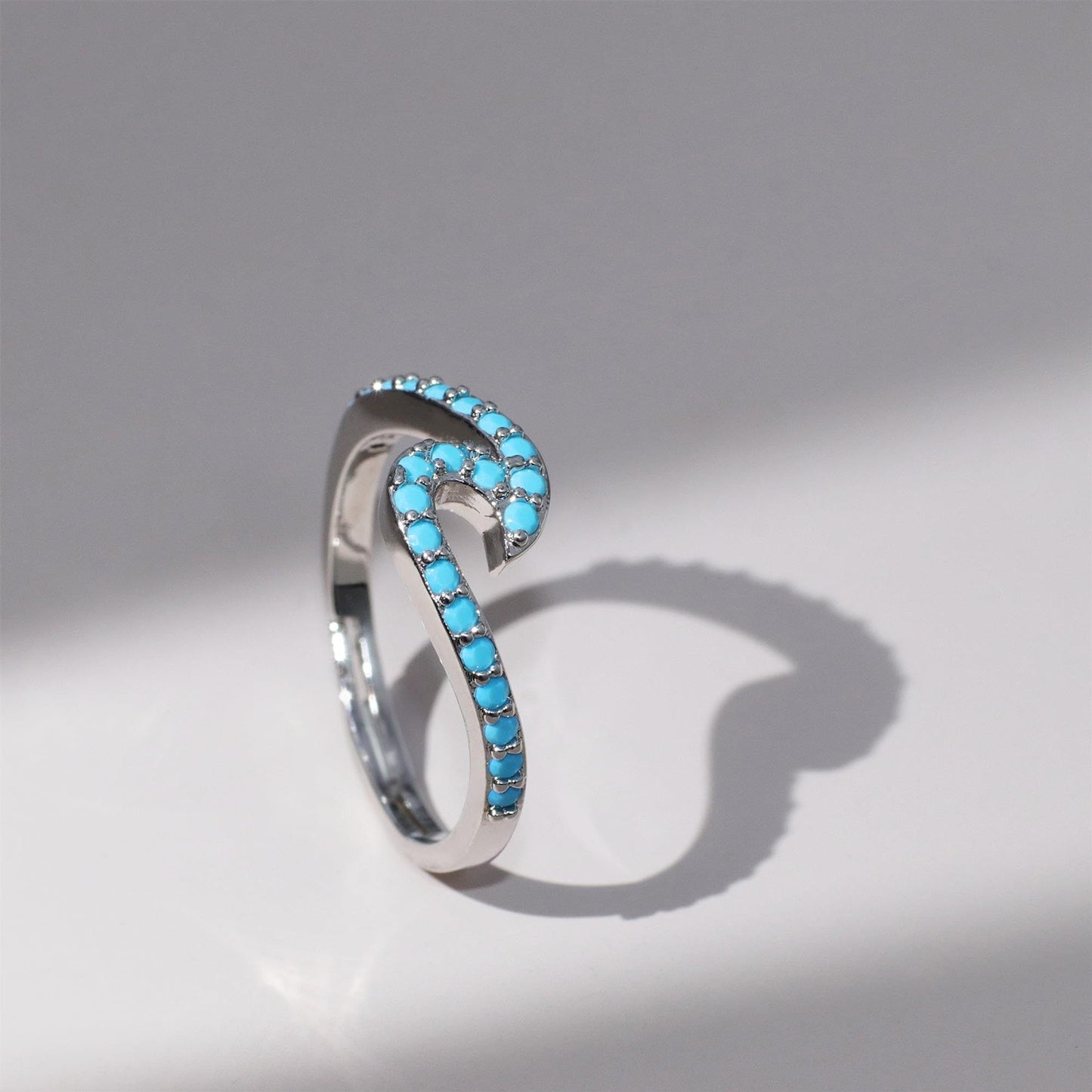 Warm Fortune Turquoise Wave Shaped Promise Ring for Her - 18K Gold Plated Cubic Zirconia, Stackable Gift Valentine's Day, Fashion & Daily Elegant Wear,Adjustable