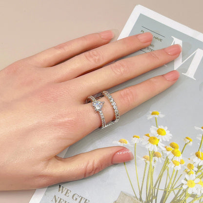 Warm Fortune Double Band Heart Cubic Zirconia Ring for Women, 18K Gold Plated Split Layered Band Jewelry for Daily Wear