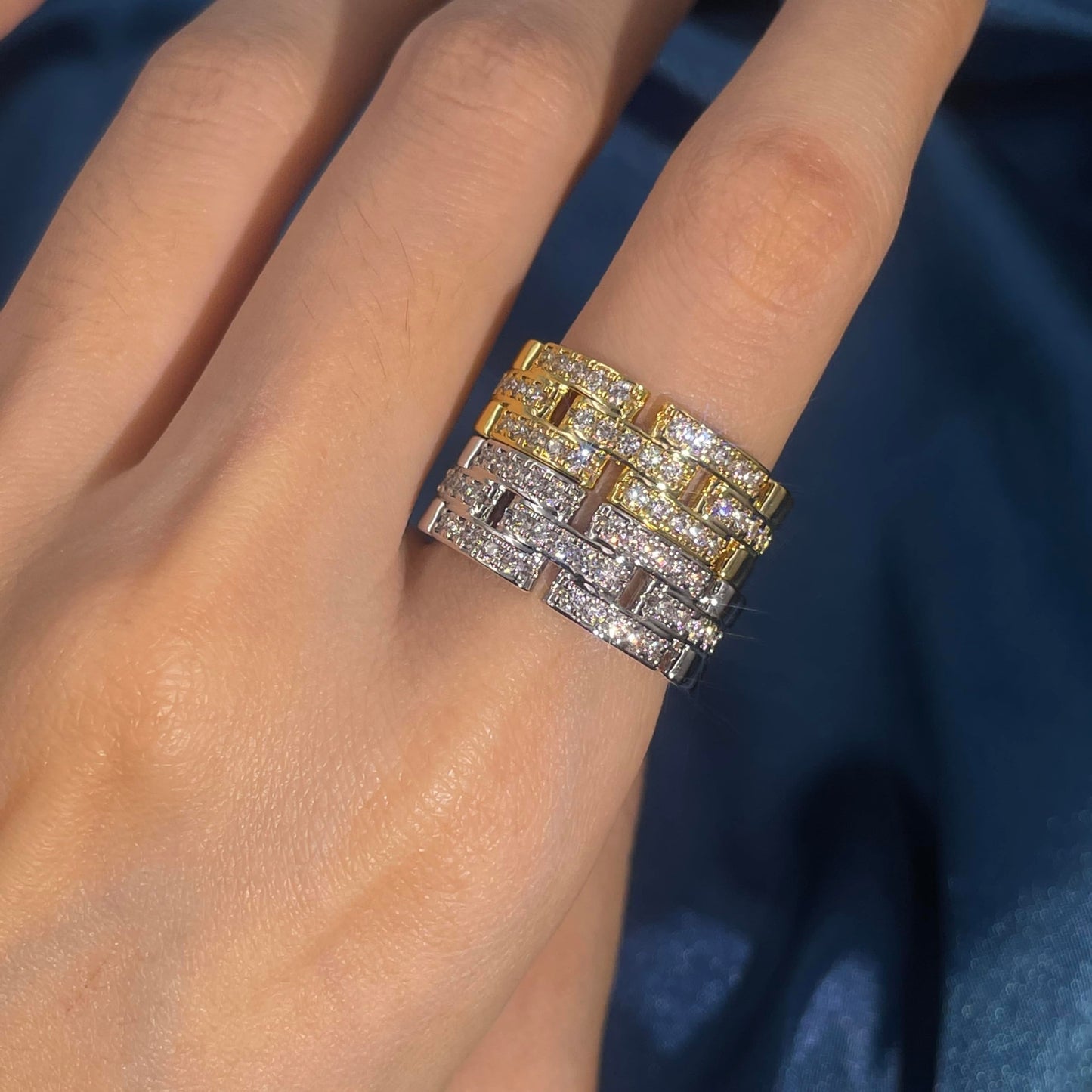 Warm Fortune Gold Plated Cubic Zirconia Band Ring, Hip Hop Street Style For Man or Women Fashion Jewelry