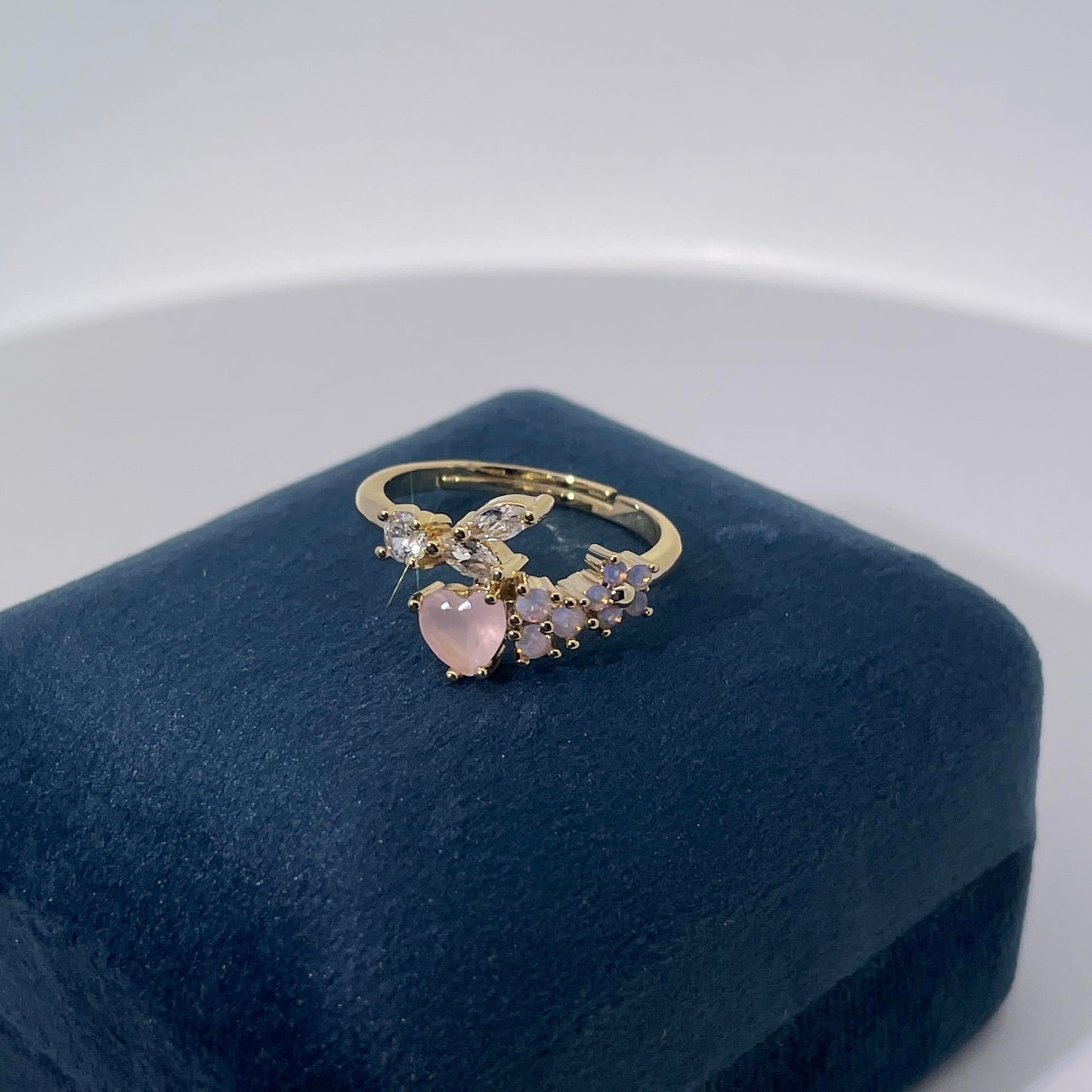 Warm Fortune  Heart Butterfly Cubic Zirconia Adjustable Open Ring for Women, 18K Gold Plated Stackable Promise Jewelry Gift