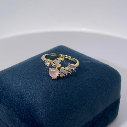 Warm Fortune  Heart Butterfly Cubic Zirconia Adjustable Open Ring for Women, 18K Gold Plated Stackable Promise Jewelry Gift