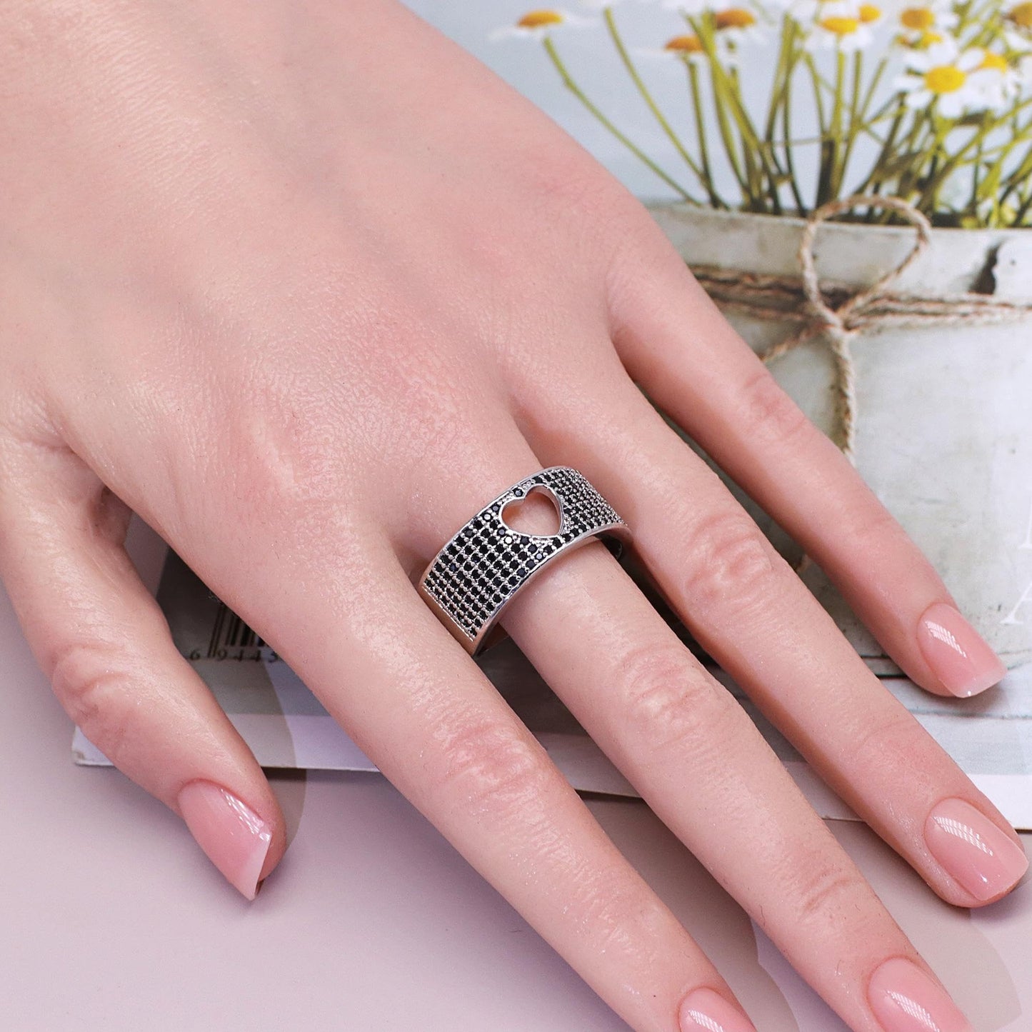 Warm Fortune Wide Band Heart Cutout Black Zircon Promise Ring for Her - 18K Gold Plated, Stackable Gift Valentine's Day, Fashion & Daily Elegant Wear, Size 8