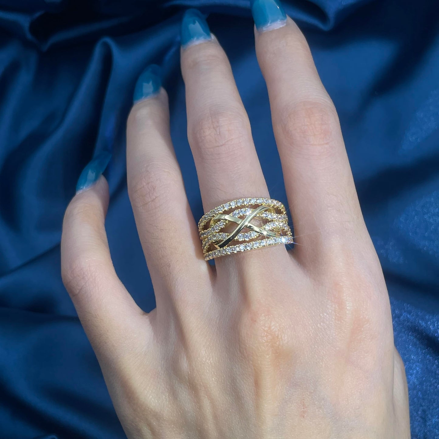 Warm Fortune Gold Plated Cubic Zirconia Band Ring, Hip Hop Street Style For Man or Women Fashion Jewelry