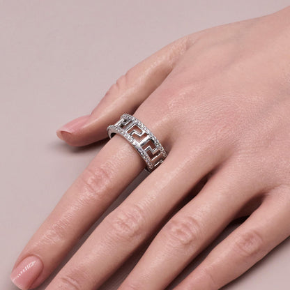 Warm Fortune Greek Key CZ Statement Ring for Women, 18K Gold Plated Wide Band Ring, Sparkling Meander Pattern Paved Ring, Retro Geometric Everyday Jewelry