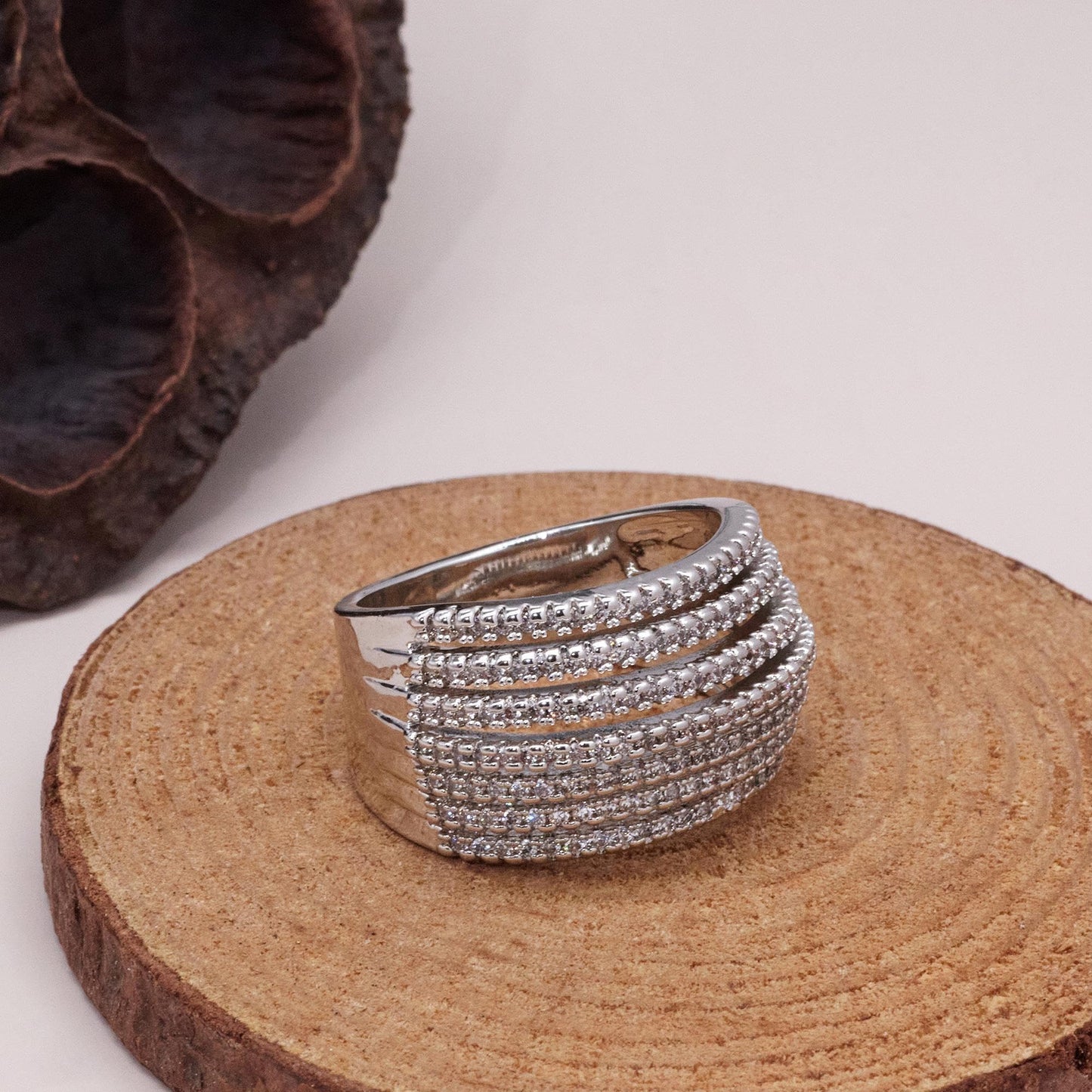 Warm Fortune Multi-Layer Paved CZ Statement Ring for Women, 18K Gold Plated Wide Band Ring, Sparkling Cubic Zirconia Cocktail Ring, Elegant Party & Everyday Jewelry, Size 8-11